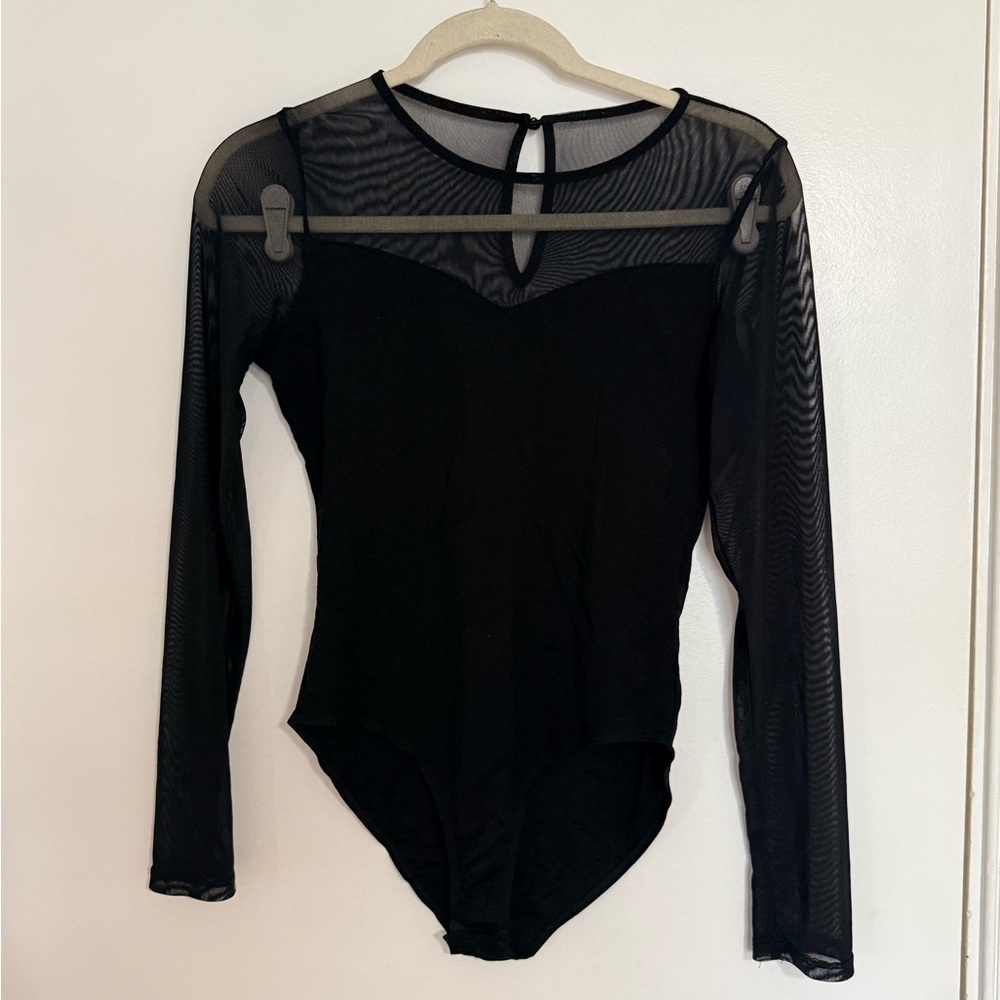Sheer Mesh Long Sleeve Black Bodysuit‎